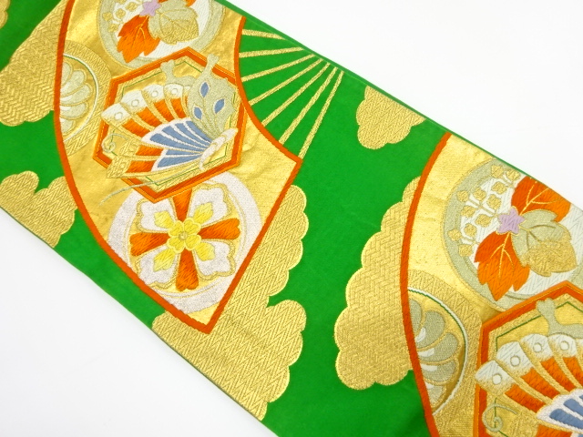 JAPANESE KIMONO / ANTIQUE FUKURO OBI / SILK / WOVEN FOLDING FAN PATTERN